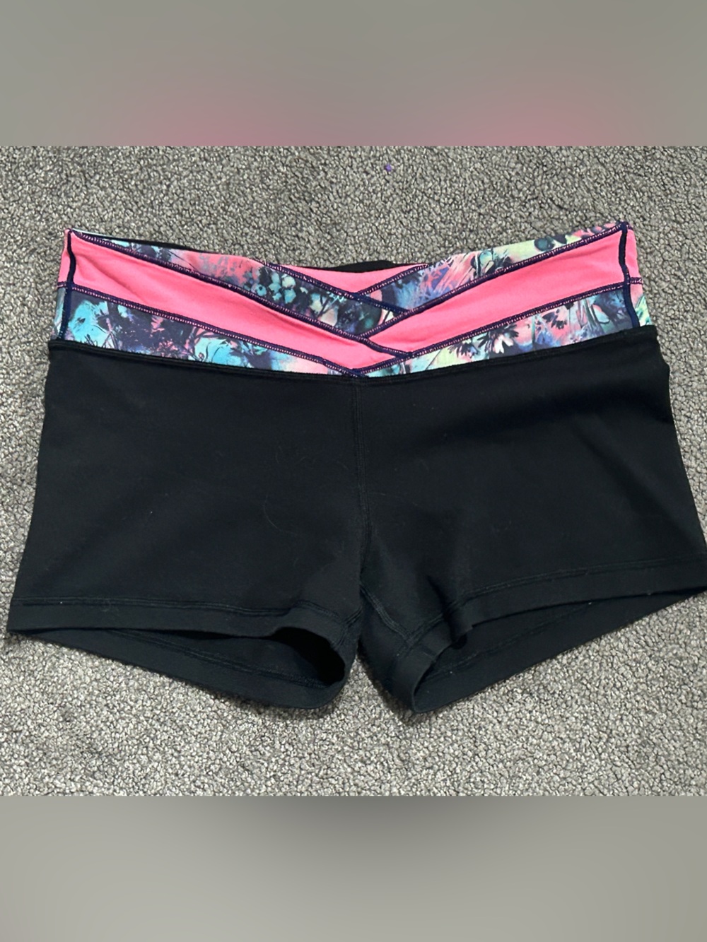 Ivivva Black Bike Shorts with Pink and Multi-Color Tropical Waistband
